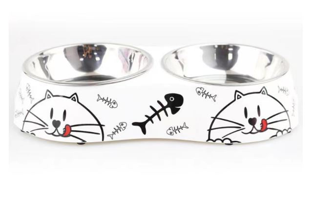 Melamine Bones Cat Stainless Steel Double Bowl With Anti-Slip Circle On The Bottom ,Volume:160*2 Ml, Size:12*12*4.5 Cm