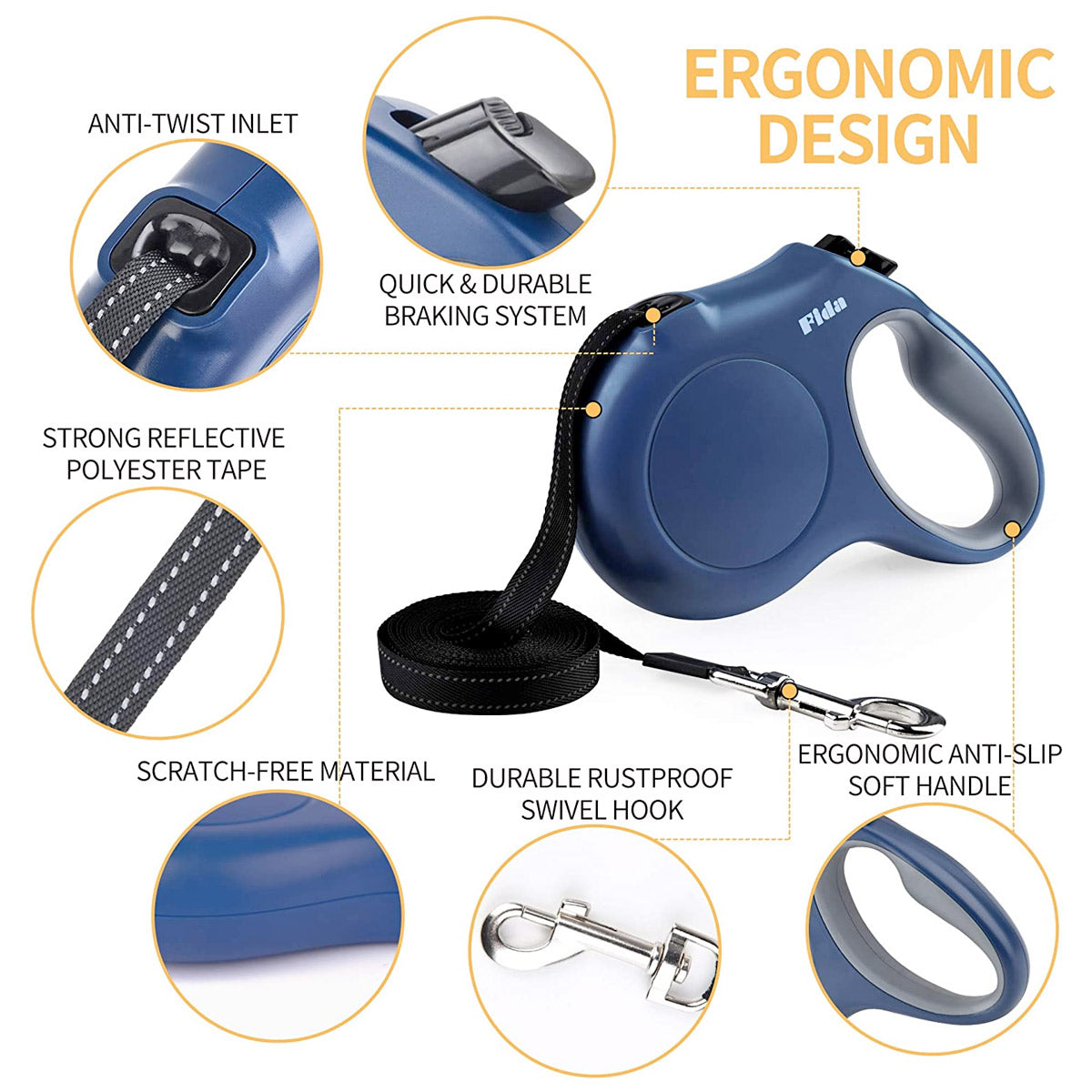 Fida Retractable Dog Leash Heavy Duty (Styleash Series) - Blue