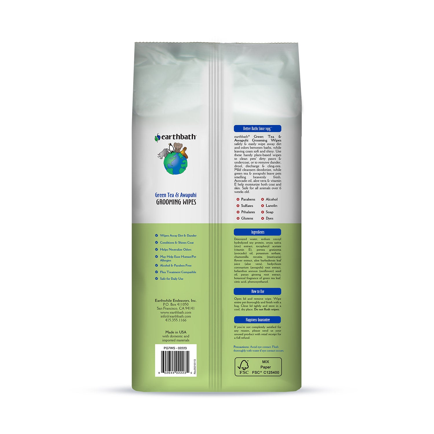 Earthbath Grooming Wipes, Green Tea & Awapuhi, 100 ct -Back