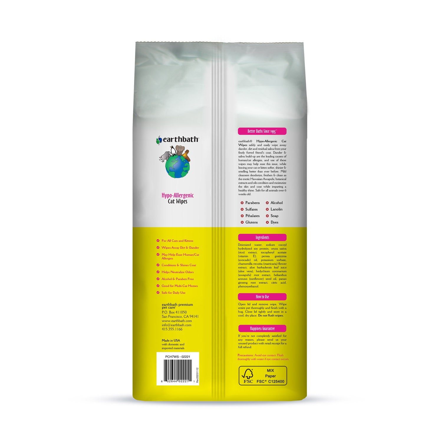 Earthbath Hypo-Allergenic Cat Grooming Wipes, Fragrance Free, Cleans & Conditions, 100 ct plant-based wipes in re-sealable pouch - Back