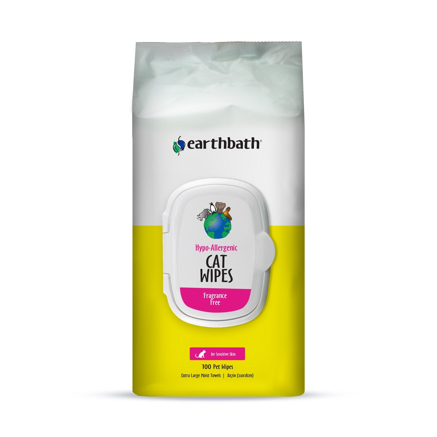 Earthbath Hypo-Allergenic Cat Grooming Wipes, Fragrance Free, Cleans & Conditions, 100 ct plant-based wipes in re-sealable pouch - Front
