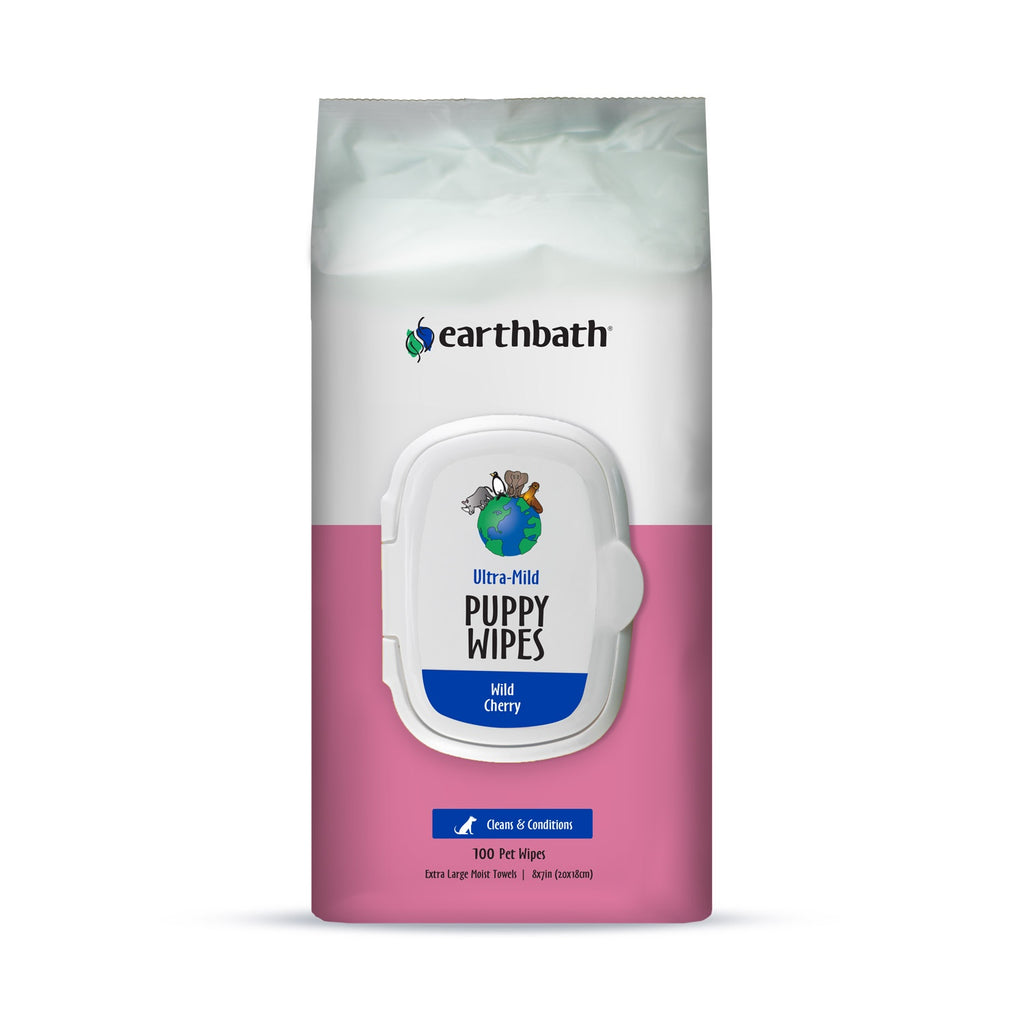 Earthbath Ultra-Mild Puppy Wipes, Wild Cherry, Cleans & Conditions, 100 ct plant-based wipes in re-sealable pouch -  Front